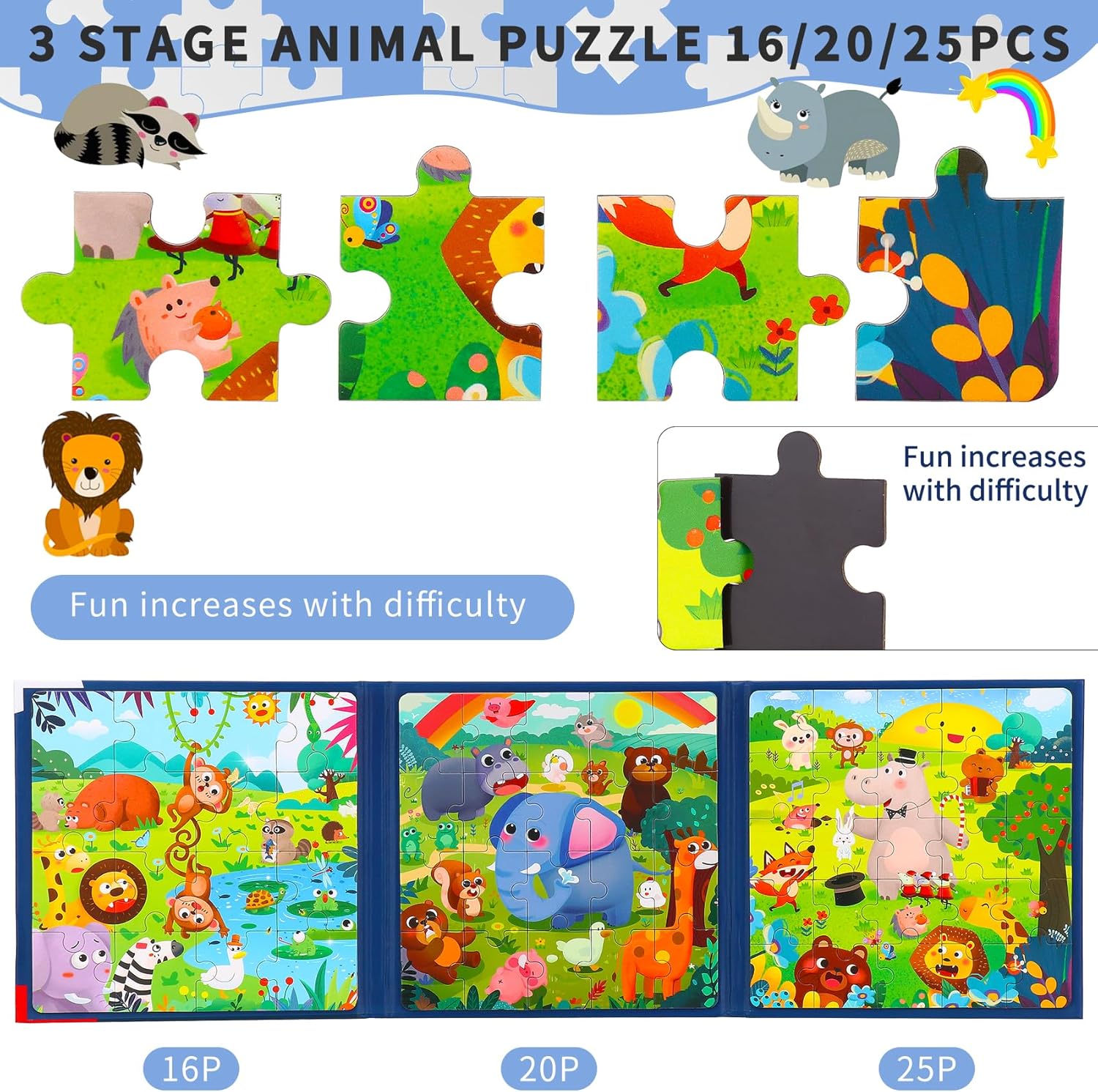 Magnetic Puzzles for kids Ages 4-8 - 3 in 1-75 Pieces Magnet Jigsaw Puzzle Book for Toddlers Ages 3-5 Magnetic Travel Puzzle Board Activities Toy for Boys and Girls (Animals)