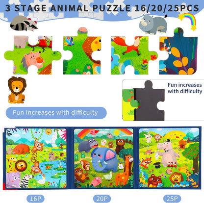 Magnetic Puzzles for kids Ages 4-8 - 3 in 1-75 Pieces Magnet Jigsaw Puzzle Book for Toddlers Ages 3-5 Magnetic Travel Puzzle Board Activities Toy for Boys and Girls (Animals)