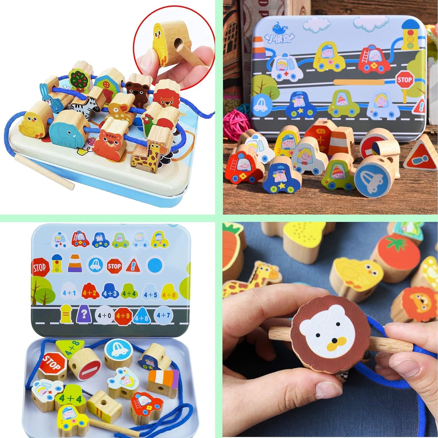 CenYouful Lacing Toy Wooden Block Set, Early Educational Toys String & Lacing Beads Games for Toddlers & Kids, 12 Pieces (Traffic Tools)