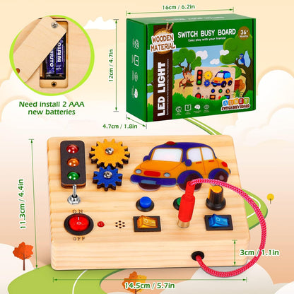 Auney Wooden Montessori Busy Board,Sensory Toys with Light up LED and Sounds Buttons