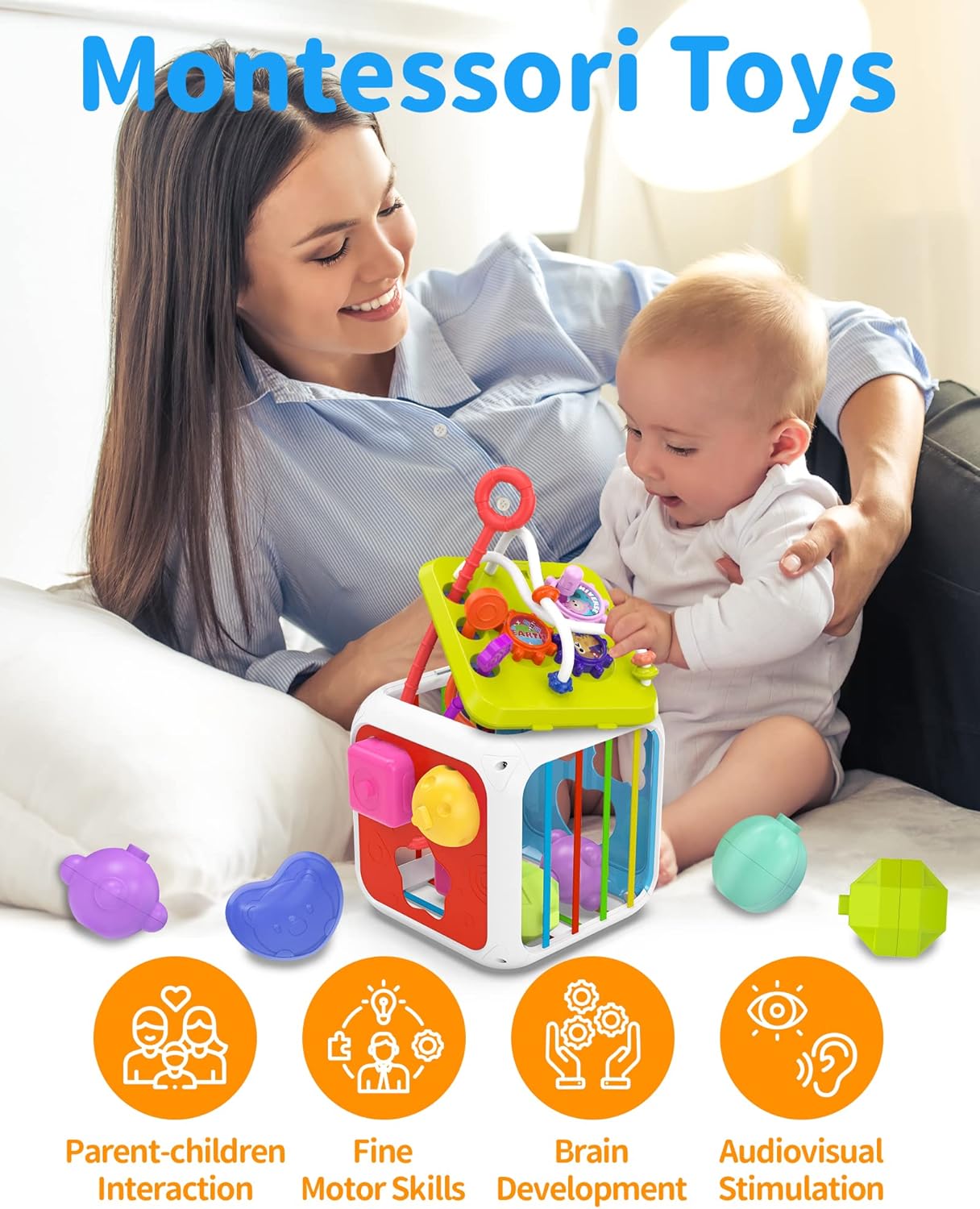 Fidtoy 7-in-1 Montessori Activity Cube for Toddlers – Multifunctional Sensory Learning Cube with Shape Sorter, Xylophone, Gears, Beads, Pull String, and Stacking Blocks