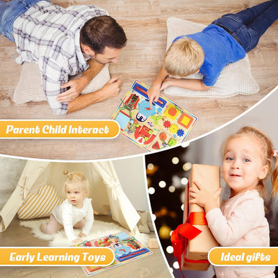Fidtoy 11 in 1 Montessori Busy Board Toy for Toddlers Wooden Sensory Activity Board with Zippers Buttons Gears Fine Motor Skills Travel Quiet Toy Gift