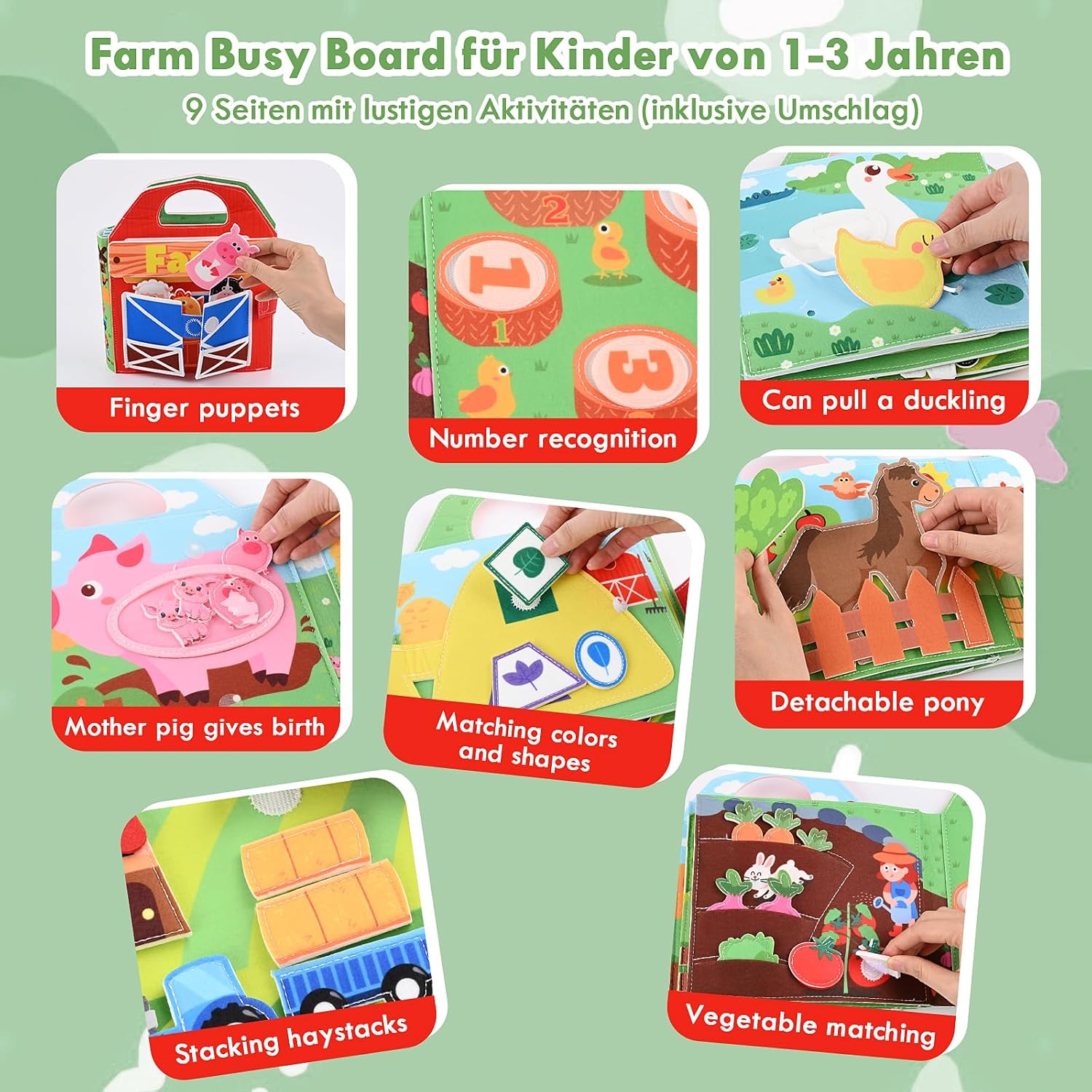 3D Felt Farm Quiet Book, Busy Board Montessori Toy from 1-3 Years, Quiet Book Activity Board for Children, Gift Toy Girls Boys