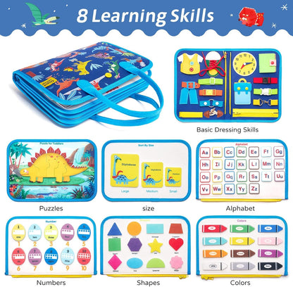 Busy Board Sensory Toys for Toddlers 1 2 3 4, Toddler Travel Activities Educational Toys, Montessori Toys for 1 2 3 4 Year Old Gilrs Boys Gift, Dinosuar