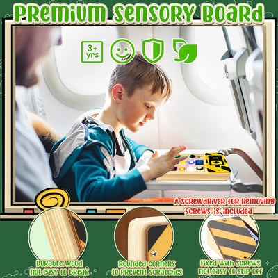 TEUVO LED Light Switch Busy Board for Toddler with Sound Montessori Wooden Sensory Travel Toys with Button Keep Kid Busy Gifts for Boy Girls Aged 3+