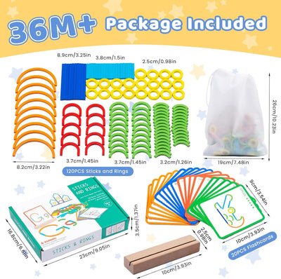 Fidtoy Bâtonnets en Bois et Anneaux Cartes de Casse-tête d'Association de Motifs Jouet Montessori de Mémoire et de Motricité Fine pour Enfants de 3 à 8 Ans