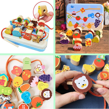 CenYouful Lacing Toy Wooden Block Set, Early Educational Toys String & Lacing Beads Games for Toddlers Kids Terrestrial Animals Learning Toy Play Set (12 Pieces) (Vegetables Fruits)