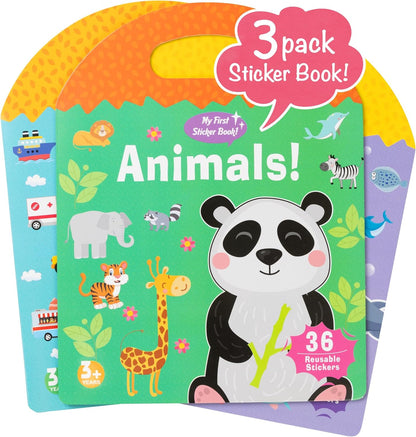 Play N Teach Sticker Book for Kids 3-Pack (101 Stickers: Animals, Vehicles, Ocean World) Reusable Puffy Stickers for Kids Perfect for Travel and Learning