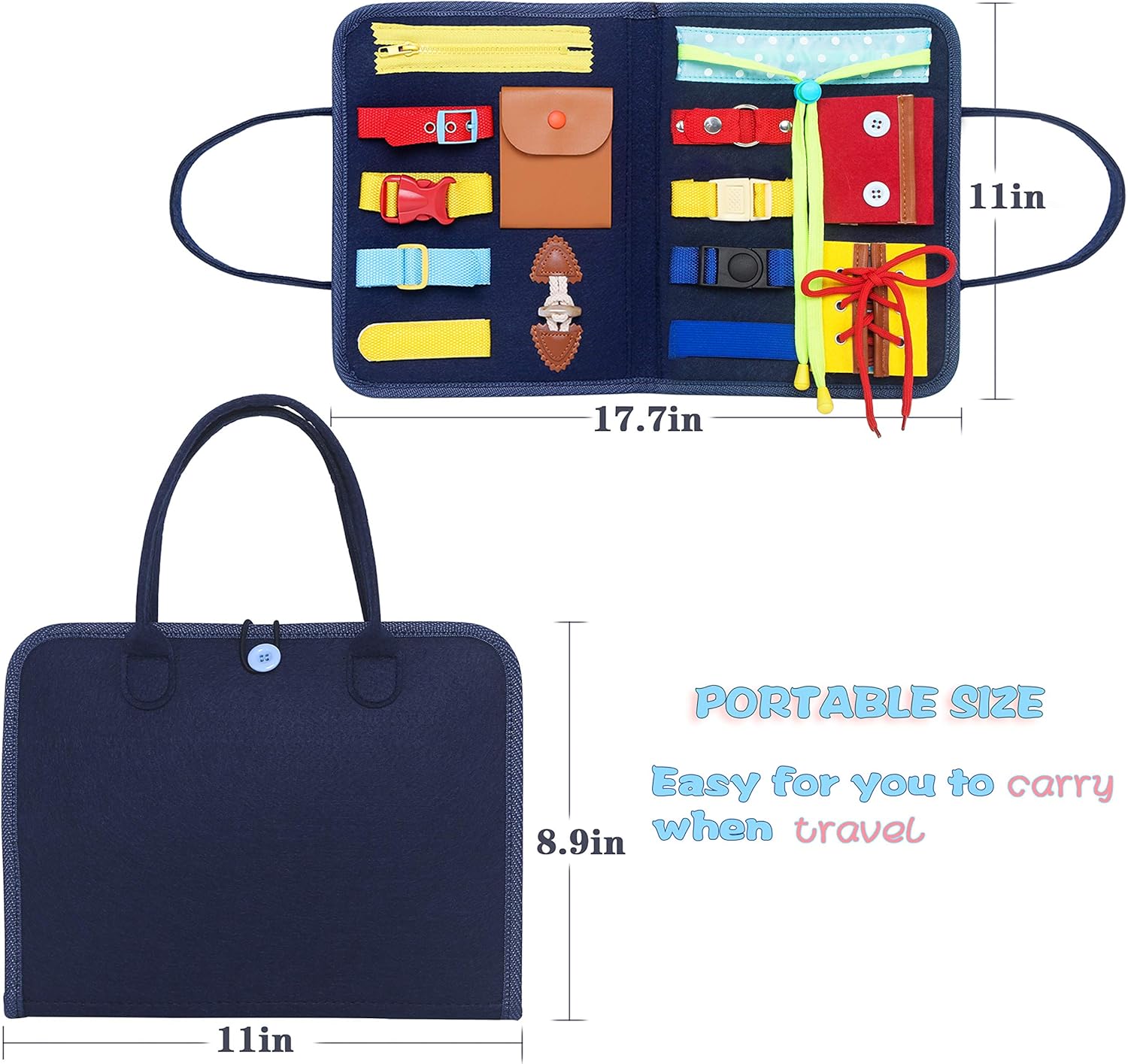 Toddler Busy Board, Preschool Montessori Toys for Develop Basic Skills, 14 in 1 Educational Sensory Board for 3+ Years Old Kids, Parent-Kids Activity Toy, Bag Design for Airplane or Car Travel