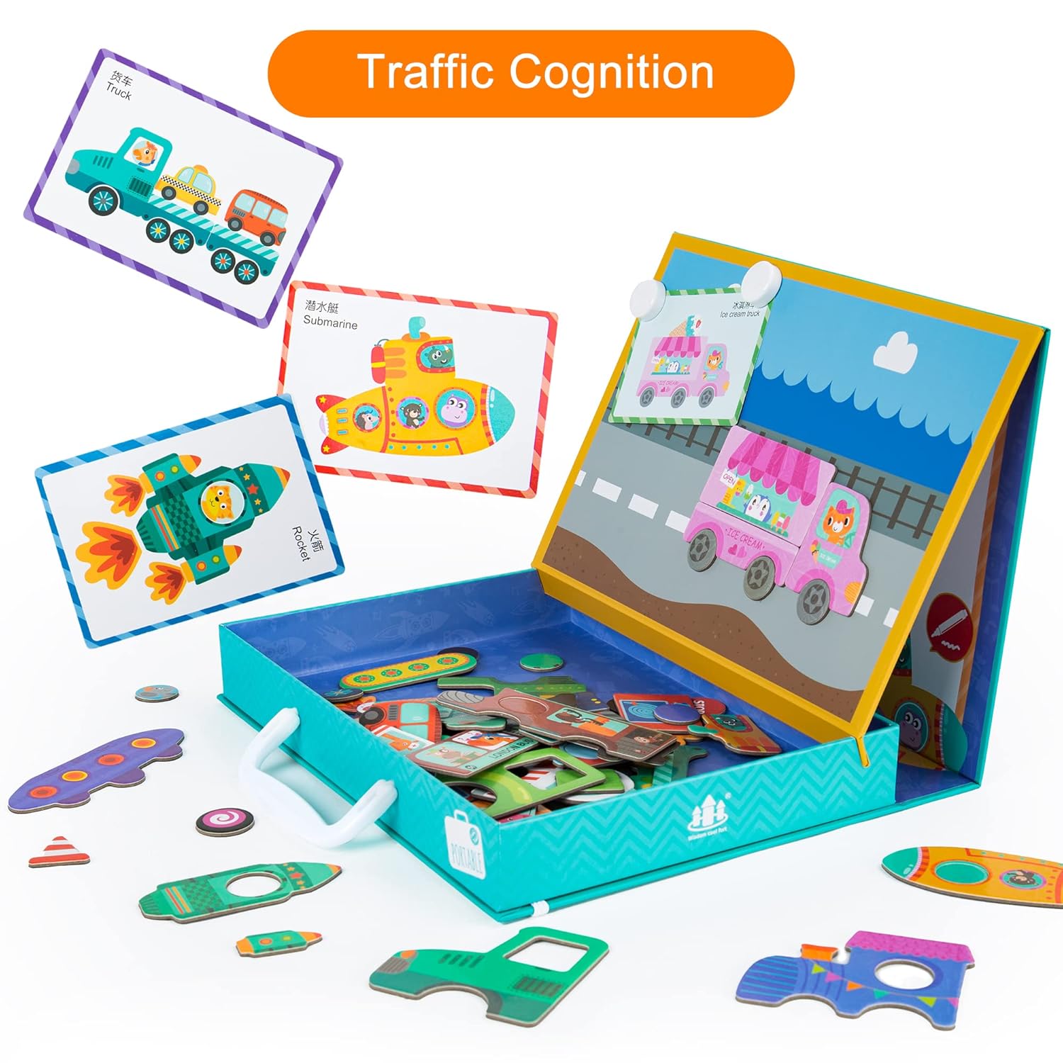 TOGELIN Magnetic Puzzle Toy with Drawing Board for Kids Ages 3-5, Multi-Functional Painting Book & Magnetic Puzzles, Scenes Simulation Activity, Preschool Learning Education Toys Jigsaw(Heavy Traffic)