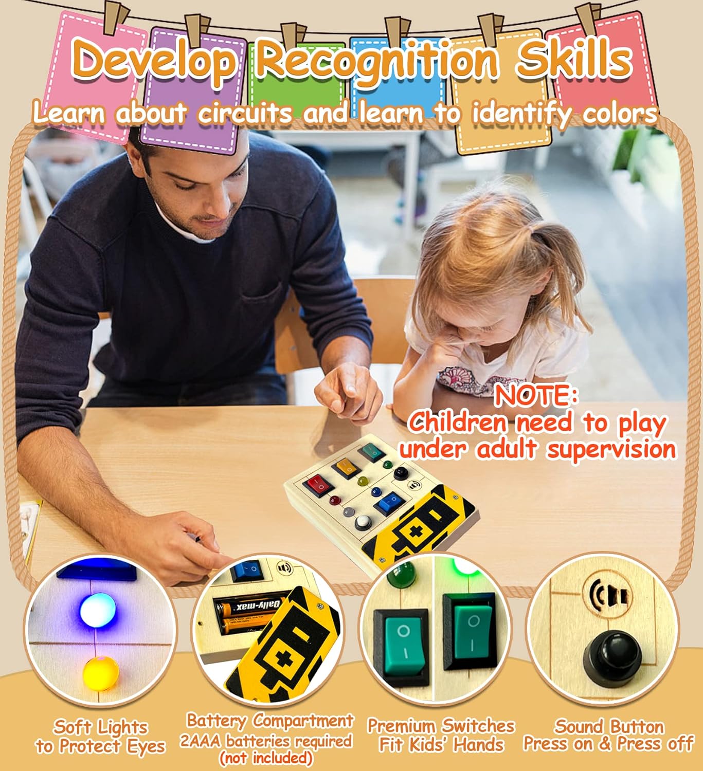 TEUVO LED Light Switch Busy Board for Toddler with Sound Montessori Wooden Sensory Travel Toys with Button Keep Kid Busy Gifts for Boy Girls Aged 3+