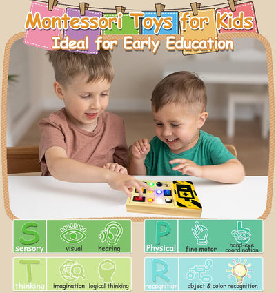 TEUVO LED Light Switch Busy Board for Toddler with Sound Montessori Wooden Sensory Travel Toys with Button Keep Kid Busy Gifts for Boy Girls Aged 3+