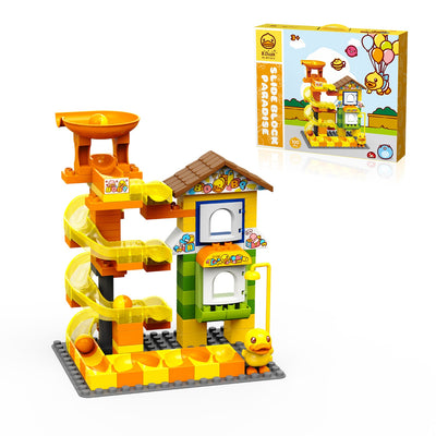Juego de pistas de canicas con pato amarillo