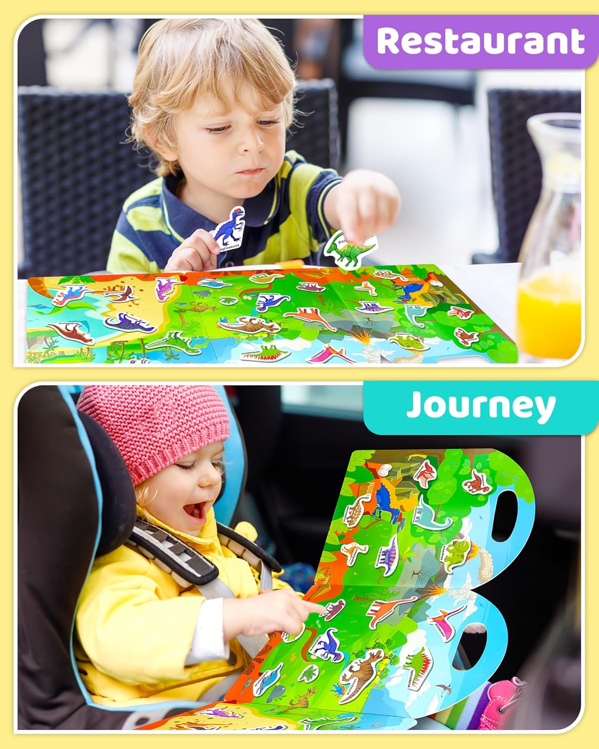 Benresive Reusable Sticker Book for Toddlers 2-4 Years, Fun Travel Stickers for Kids, Waterproof Sticker Books for Toddlers 1-3, 32 Pcs Crafts Activities for Todddlers 1-3 2-4 3-5 - Dino