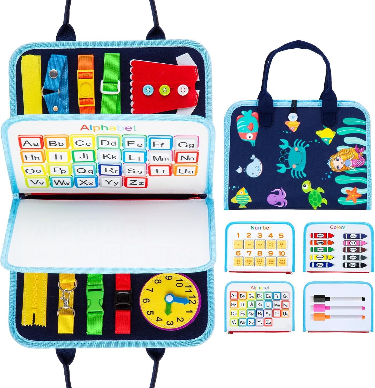 MAMPO Busy Board Montessori Toys for 1 2 3 4 Year Old Children, Learning Basic Skills Toddler Travel Toy with Alphabet & Matching Games, 16-in-1 Animal Theme Portable Busy Board