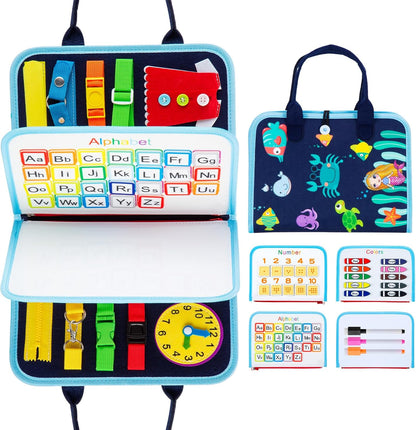 MAMPO Busy Board Montessori Toys for 1 2 3 4 Year Old Children, Learning Basic Skills Toddler Travel Toy with Alphabet & Matching Games, 16-in-1 Animal Theme Portable Busy Board