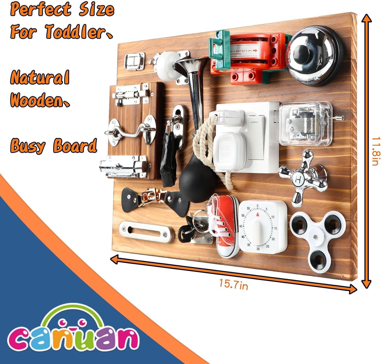 Canuan 20-in-1 Busy Board for Toddlers - Travel Toy Activity Board for Fine Motor Skills - Toys for 3 Years Old Kids With Switch, Locks, Shoe Laces, Music Box