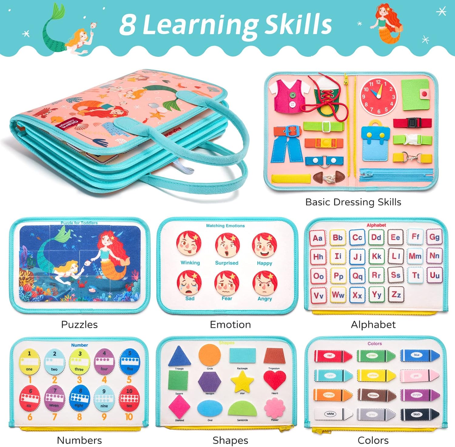 Busy Board Sensory Toys for Toddlers 2 3 4, Travel Activities Educational/Montessori Toys for 2 3 4 Year Old Gilrs Boys Gift, Mermaid