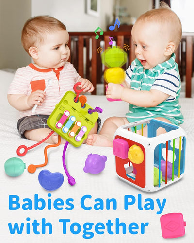 Fidtoy 7-in-1 Montessori Activity Cube for Toddlers – Multifunctional Sensory Learning Cube with Shape Sorter, Xylophone, Gears, Beads, Pull String, and Stacking Blocks