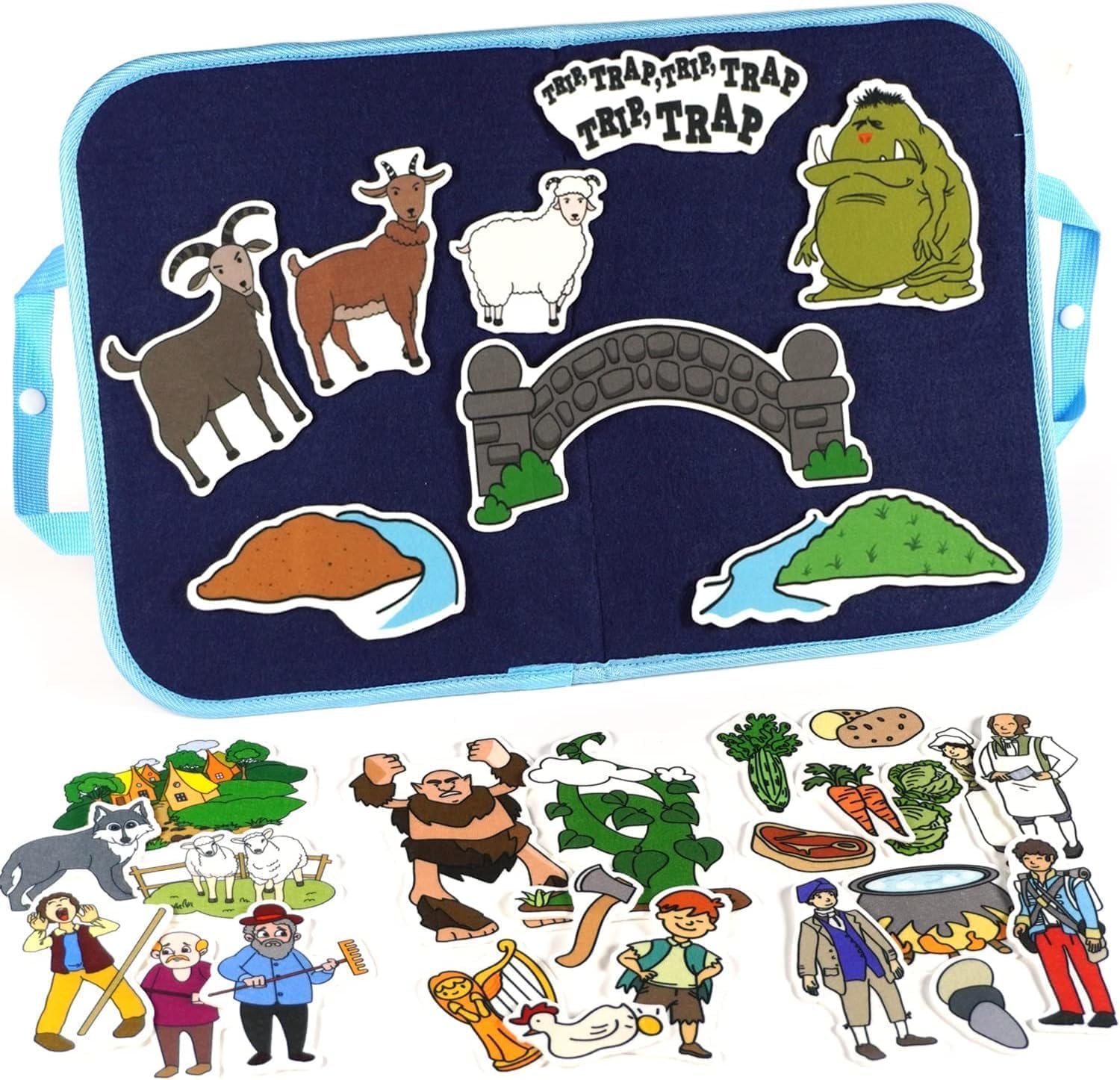 CHEFAN Felt/Flannel Board Story Set of 4, PRECUT Felt Pieces for Preschool Toddlers, Stone Soup, The Three Billy Goats Gruff, Jack and Beanstalk, The Boy Who Cried Wolf