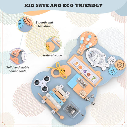 Busy Board Montessori, Sensory Activity Boards - Motor Skills Board - Fine Motor Skills Activity Board for On The Go While Travelling (Blue Board)