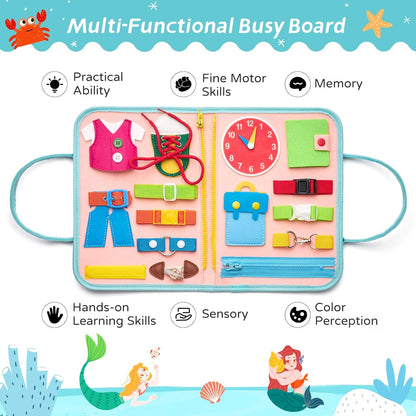 Busy Board Sensory Toys for Toddlers 2 3 4, Travel Activities Educational/Montessori Toys for 2 3 4 Year Old Gilrs Boys Gift, Mermaid