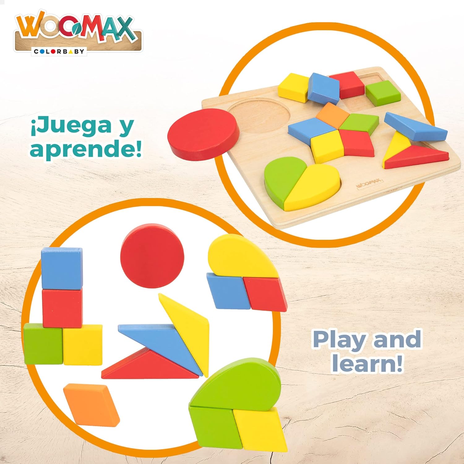 WOOMAX 49358 49358 Wooden Puzzle Geometric Shapes + 24 m Colourful Normal