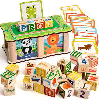 Caja de bloques de construcción de palabras de madera con tarjetas - 581