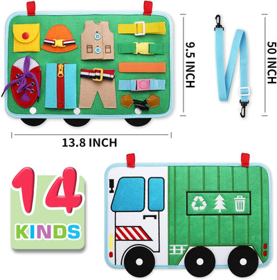 Toddler Busy Board, 14 in 1 Activity Board(Garbage Car Style), Montessori Sensory Toy for Fine Motor Skills, Learning Toy for Airplane or Car Travel, Preschool Educational Gift for Kids Boys Girls