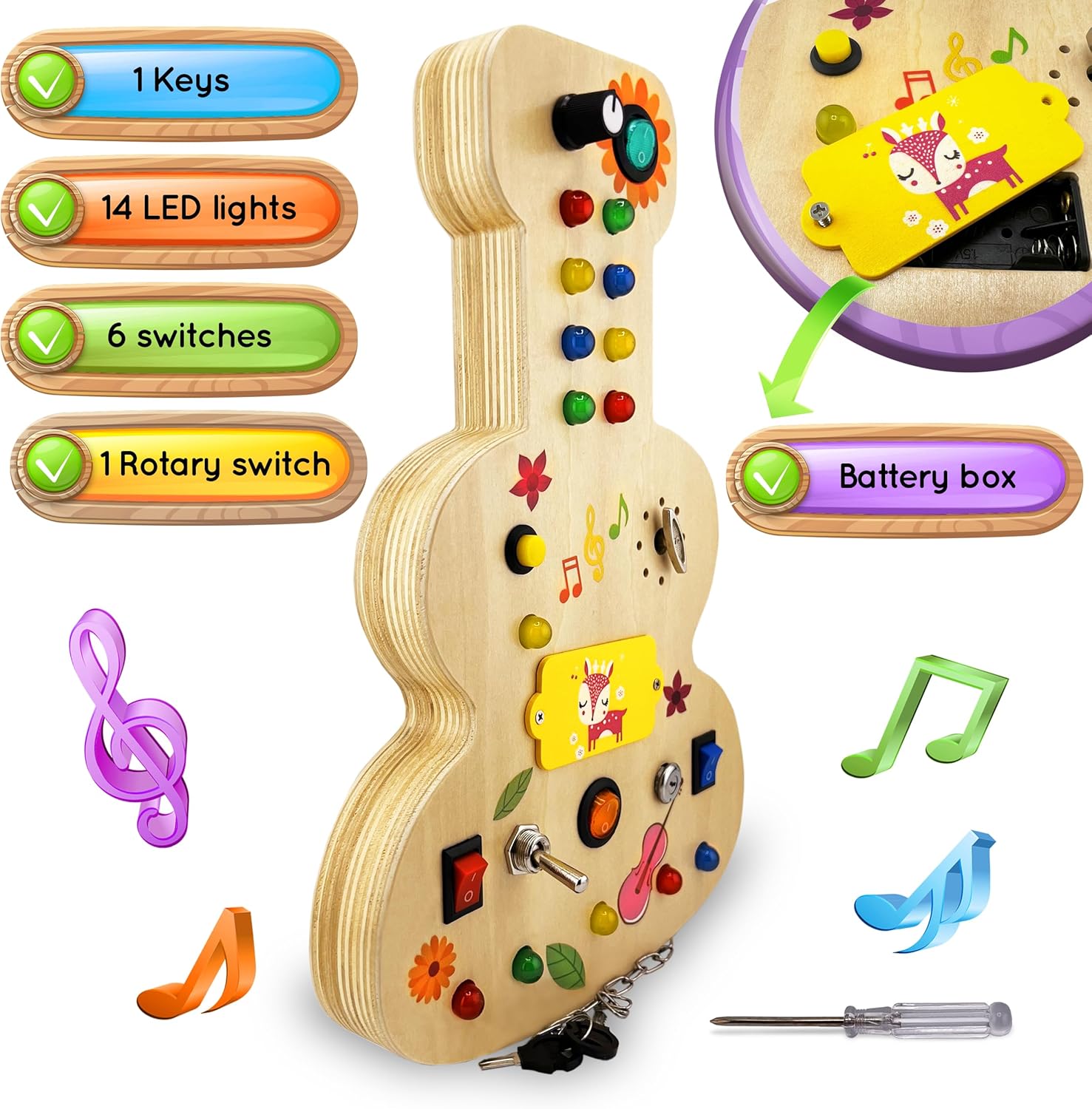 Wooden Montessori Musical Busy Board for Toddlers for 3-5 Year-Old with Mechanical Turner, Colorful Bulbs, Switches, Buttons - Enhance Sensory, Motor Skills, and Logical Thinking