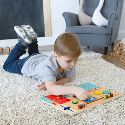 Fidtoy Wooden Busy Board Montessori Activity Board for Toddlers with Locks Latches Gears Learning Toy Fine Motor Skills Sensory Travel Quiet Toy Gift