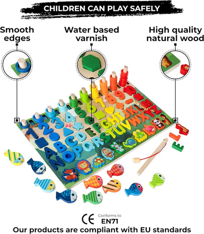 OHOME : Wooden Montessori Puzzle Toy 6 in 1 Educational Game Children 3 4 5 6 Years Learn Letters Shapes and Mathematics Counting Numbers - Numbers
