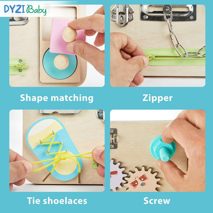 DYZI Montessori Busy Board for Toddlers-Sensory Travel Toys for Early Development and Autism-Educational Preschool Wooden Activity Toy for Boys & Girls