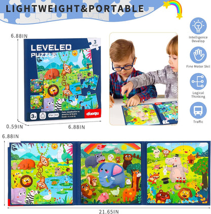 Magnetic Puzzles for kids Ages 4-8 - 3 in 1-75 Pieces Magnet Jigsaw Puzzle Book for Toddlers Ages 3-5 Magnetic Travel Puzzle Board Activities Toy for Boys and Girls (Animals)