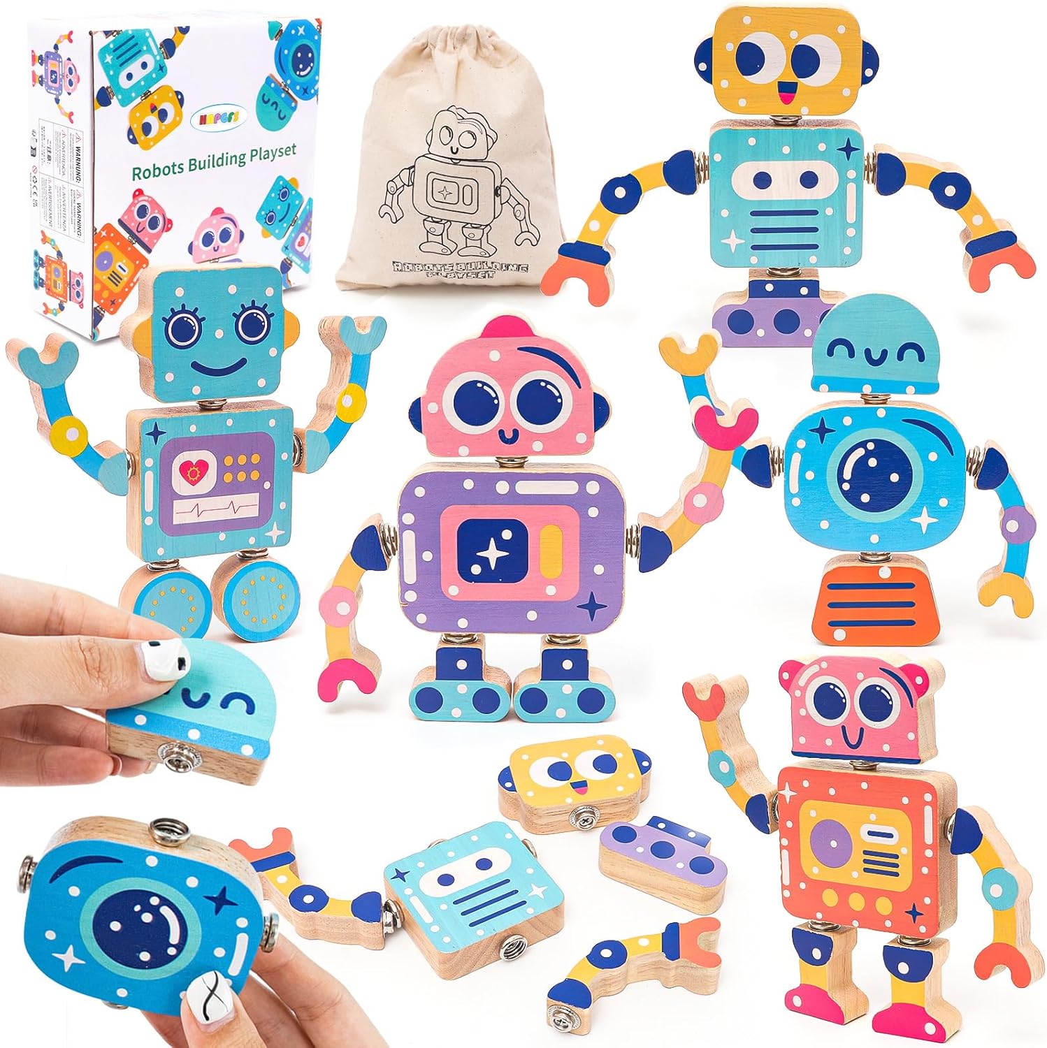 Fidtoy Robot en Bois Jouet de Construction à Assembler pour Enfants