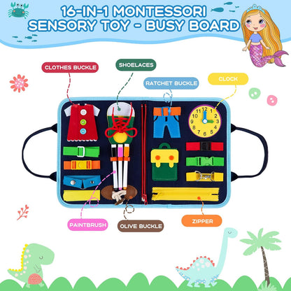 MAMPO Busy Board Montessori Toys for 1 2 3 4 Year Old Children, Learning Basic Skills Toddler Travel Toy with Alphabet & Matching Games, 16-in-1 Animal Theme Portable Busy Board