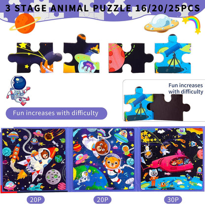 Magnetic Puzzles for kids Ages 4-8 - 3 in 1-75 Pieces Magnet Jigsaw Puzzle Book for Toddlers Ages 3-5 Magnetic Travel Puzzle Board Activities Toy for Boys and Girls (Outer Spaces)