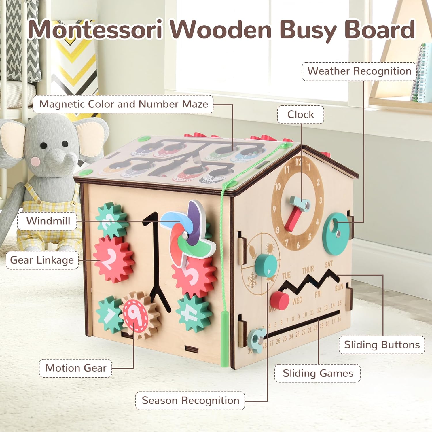 BommJokker Busy Board Montessori toys for Toddlers Wooden Educational Toy Busy House Magnetic Color and Number cognition teaching