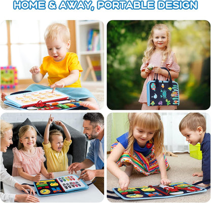 MAMPO Busy Board Montessori Toys for 1 2 3 4 Year Old Children, Learning Basic Skills Toddler Travel Toy with Alphabet & Matching Games, 16-in-1 Animal Theme Portable Busy Board