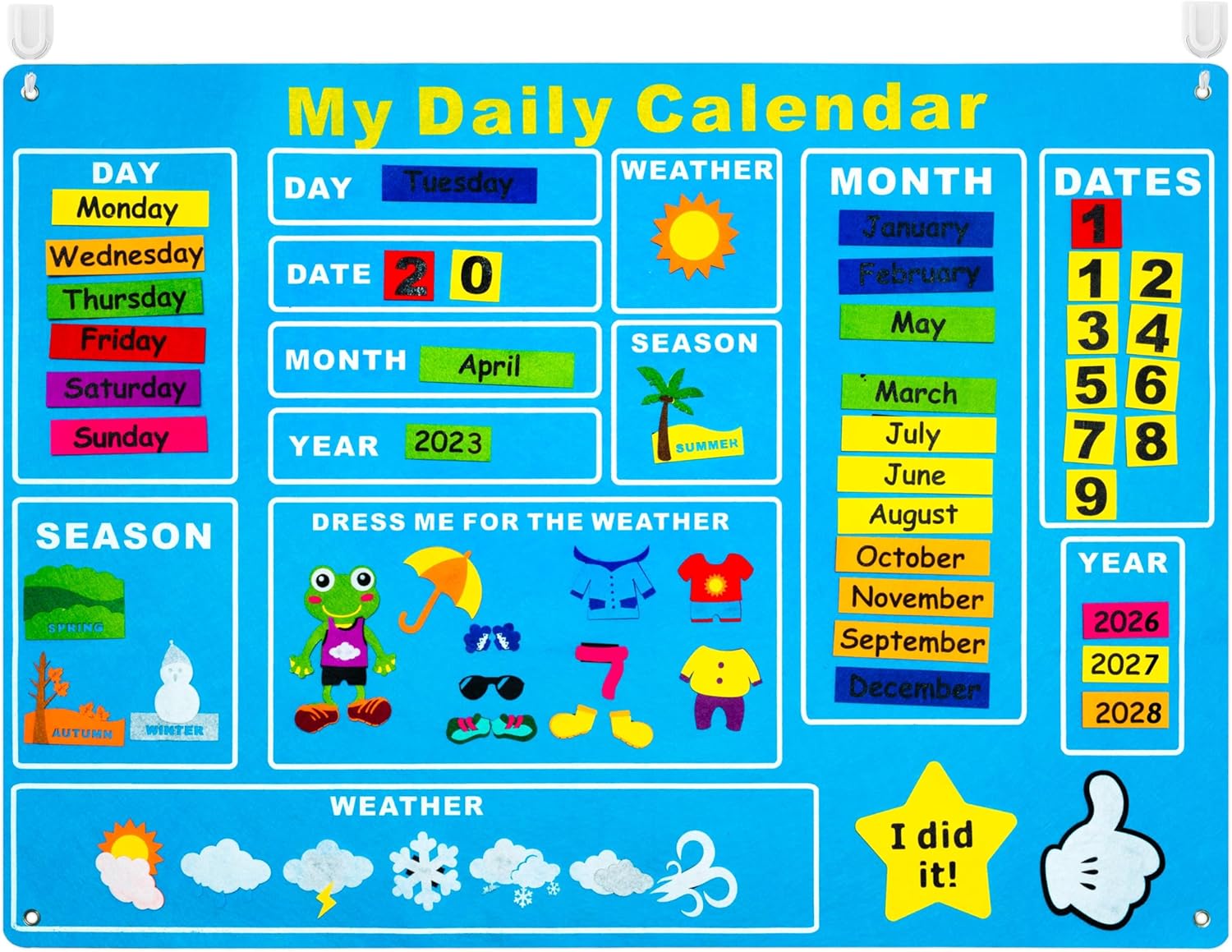 WATINC My First Daily Calendar Felt-Board for Kids 3.5Ft 70Pcs All About Today Funky Frog Weather Season Chart Days of The Week Circle Time Bulletin Board Preschool Early Learning Play Kit for Wall
