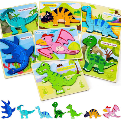Jeu de Puzzles en Bois de Dinosaures Fidtoy pour Enfants, Jouet d'Apprentissage Précoce