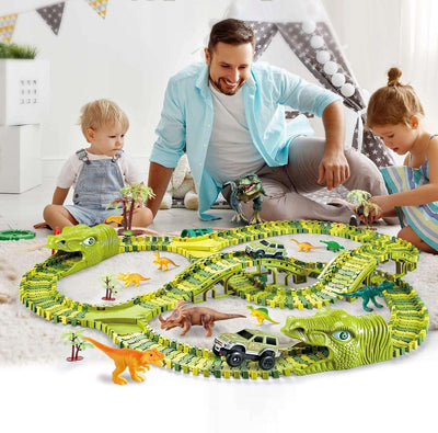 Fidtoy Dinosaur Race Track Set for Kids – Flexible Jurassic Track with Motorized Dinosaur Car, 360° Loop, Bridge, Dinosaur Figures, and Creative Building Play