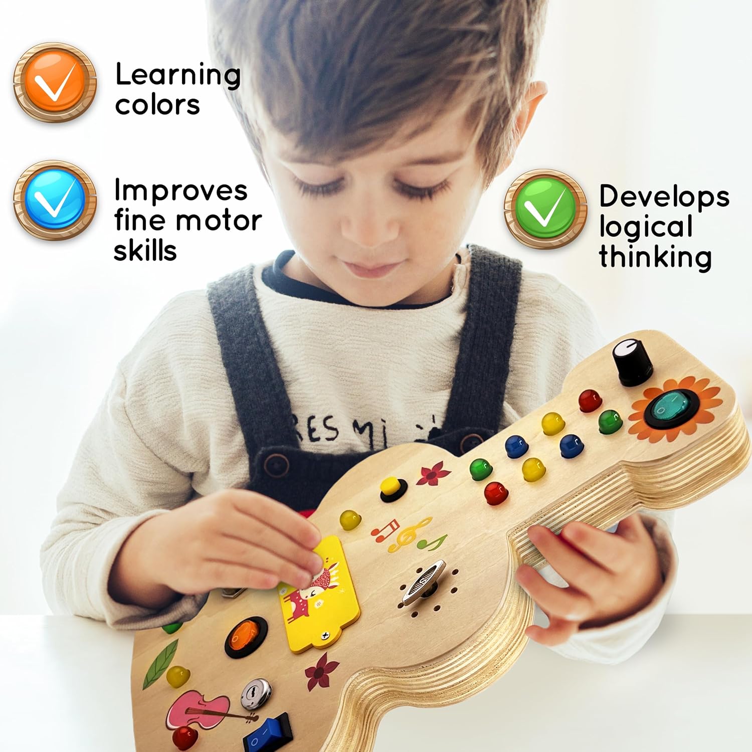 Wooden Montessori Musical Busy Board for Toddlers for 3-5 Year-Old with Mechanical Turner, Colorful Bulbs, Switches, Buttons - Enhance Sensory, Motor Skills, and Logical Thinking