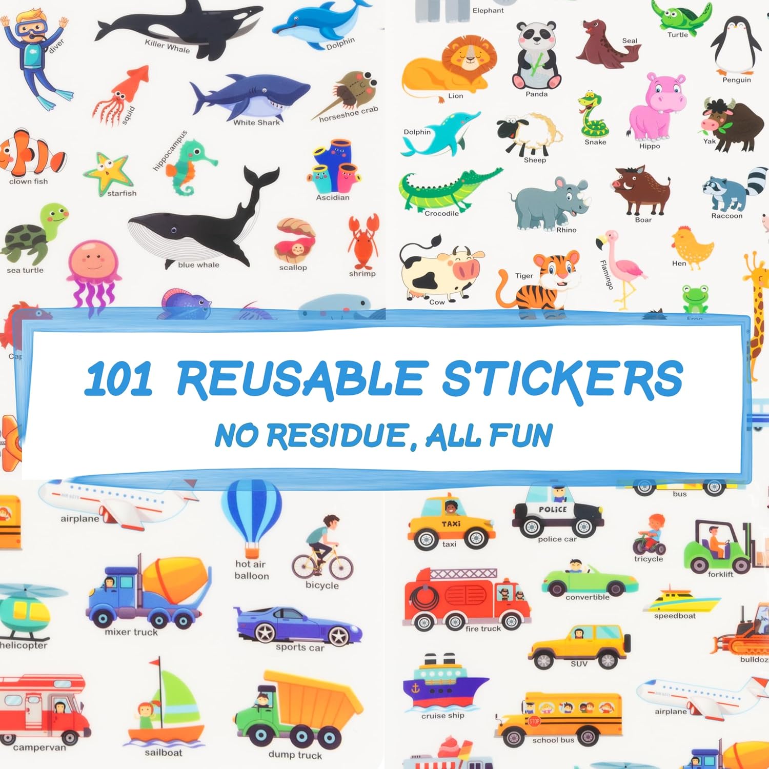 Play N Teach Sticker Book for Kids 3-Pack (101 Stickers: Animals, Vehicles, Ocean World) Reusable Puffy Stickers for Kids Perfect for Travel and Learning