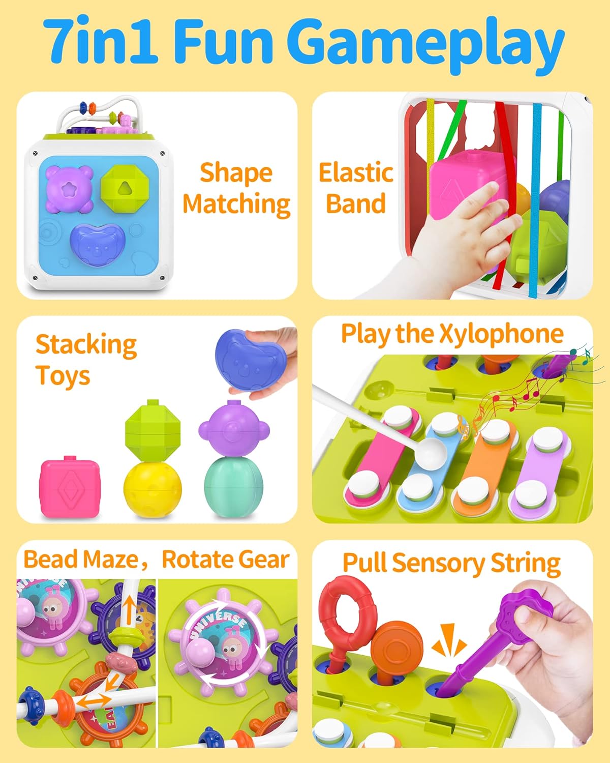 Fidtoy 7-in-1 Montessori Activity Cube for Toddlers – Multifunctional Sensory Learning Cube with Shape Sorter, Xylophone, Gears, Beads, Pull String, and Stacking Blocks
