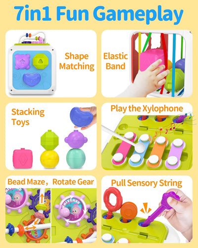 Fidtoy 7-in-1 Montessori Activity Cube for Toddlers – Multifunctional Sensory Learning Cube with Shape Sorter, Xylophone, Gears, Beads, Pull String, and Stacking Blocks