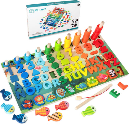 OHOME : Wooden Montessori Puzzle Toy 6 in 1 Educational Game Children 3 4 5 6 Years Learn Letters Shapes and Mathematics Counting Numbers - Numbers
