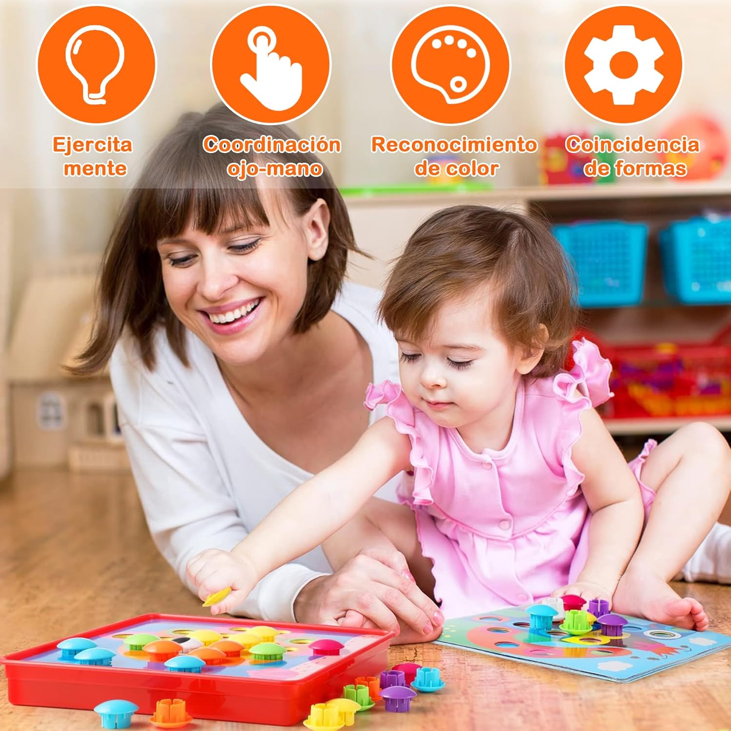 Fidtoy Button Idea Color Recognition Kit for Kids – Button Art Matching Toy with Peg Board, Color Matching Mosaic Puzzle, Fine Motor Learning Activity