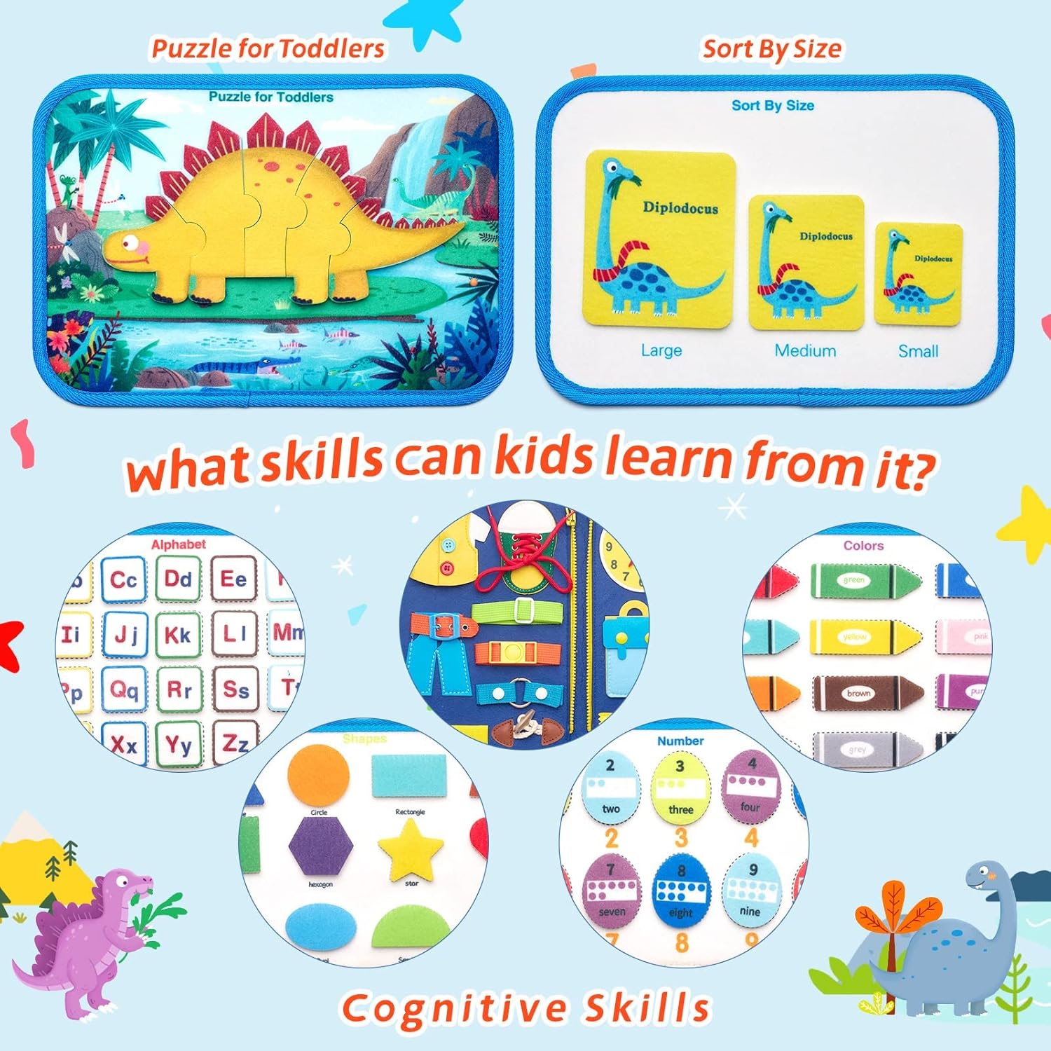 Busy Board Sensory Toys for Toddlers 1 2 3 4, Toddler Travel Activities Educational Toys, Montessori Toys for 1 2 3 4 Year Old Gilrs Boys Gift, Dinosuar