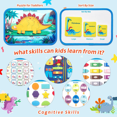 Busy Board Sensory Toys for Toddlers 1 2 3 4, Toddler Travel Activities Educational Toys, Montessori Toys for 1 2 3 4 Year Old Gilrs Boys Gift, Dinosuar